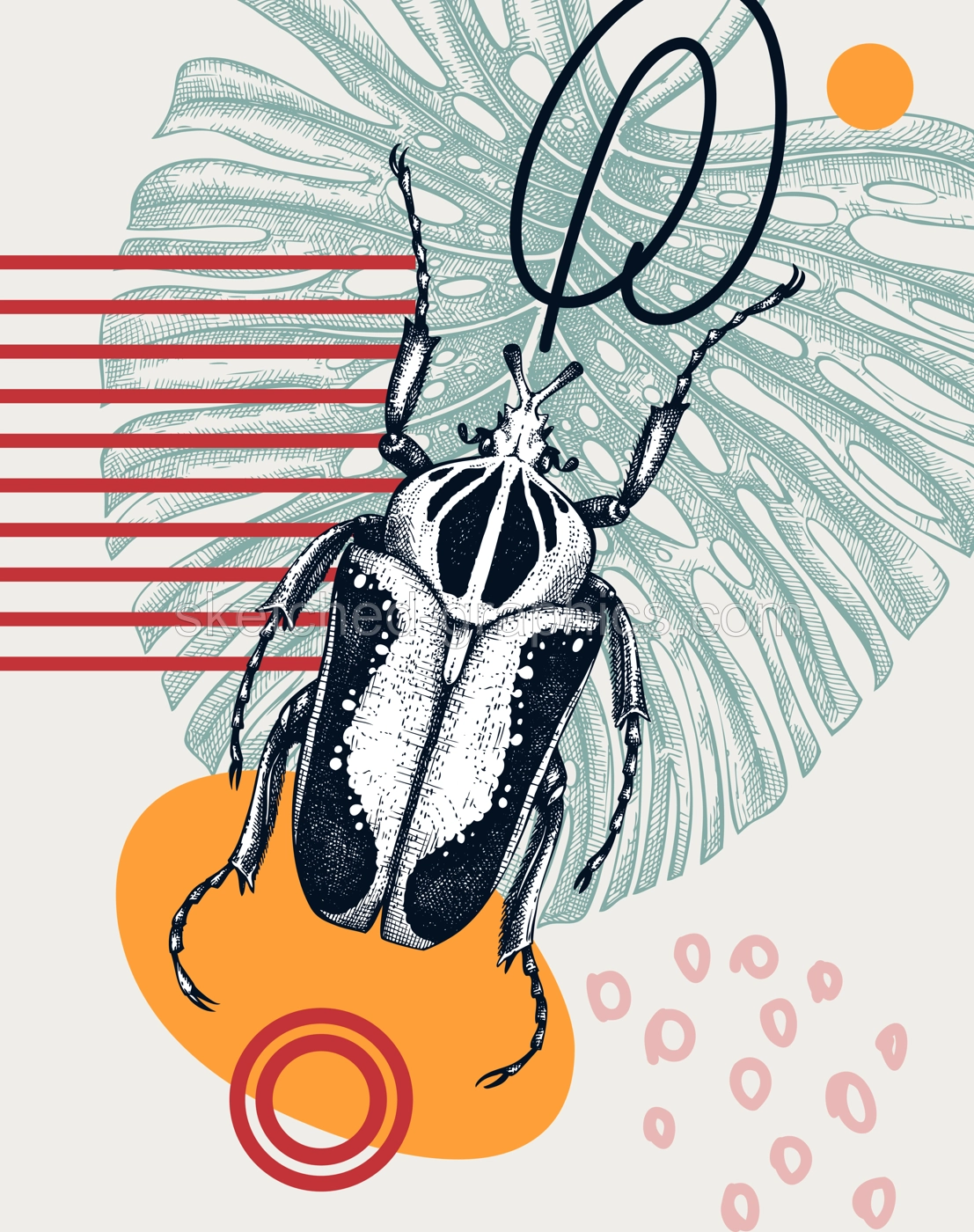 Collage style Goliath beetle vector illustration. Hand-sketched insect on monstera leaf. Trendy design with botanical, geometric shapes, abstract elements. Perfect for print, poster, card, wall art. Illustration